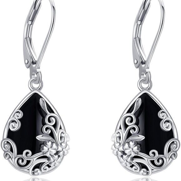 Black Onyx Earrings Sterling Silver Dangle Filigree Jewelry Women Girls - Picture 1 of 6
